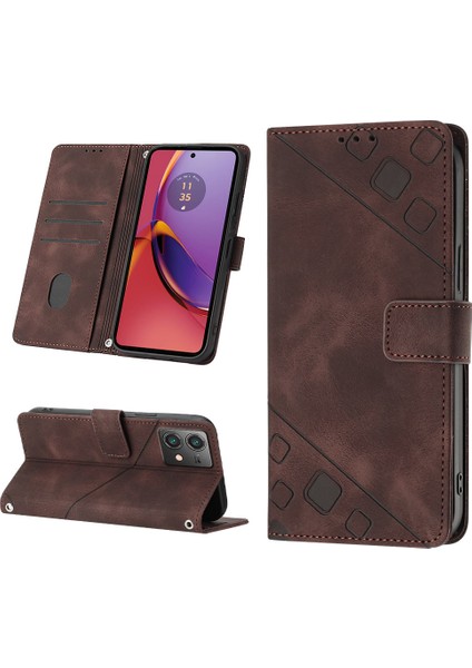 Motorola Moto G84 Için Kabartmalı Deri Cüzdan Stand Telefon Kılıfı - Kahverengi (Yurt Dışından)