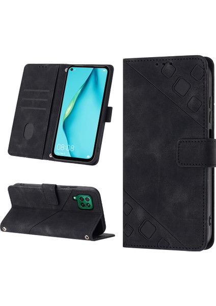 Huawei P40 Lite Için Kabartmalı Deri Cüzdan Stand Telefon Kılıfı - Siyah (Yurt Dışından)