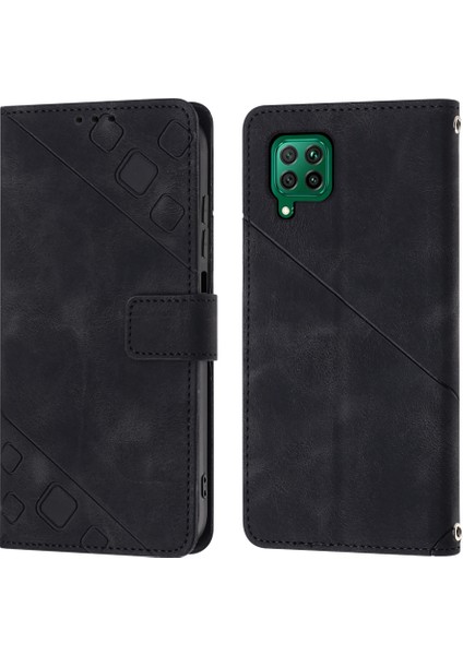 Huawei P40 Lite Için Kabartmalı Deri Cüzdan Stand Telefon Kılıfı - Siyah (Yurt Dışından)