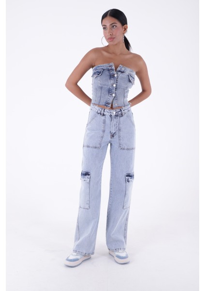 Kargo Cepli Detaylı ve Yüksek Belli Tam Boy Relaxed Kadın Kargo Kot Pantolon Kar Açık Mavi Denim