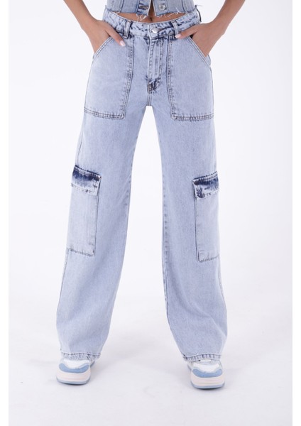 Kargo Cepli Detaylı ve Yüksek Belli Tam Boy Relaxed Kadın Kargo Kot Pantolon Kar Açık Mavi Denim