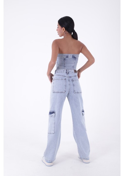 Kargo Cepli Detaylı ve Yüksek Belli Tam Boy Relaxed Kadın Kargo Kot Pantolon Kar Açık Mavi Denim