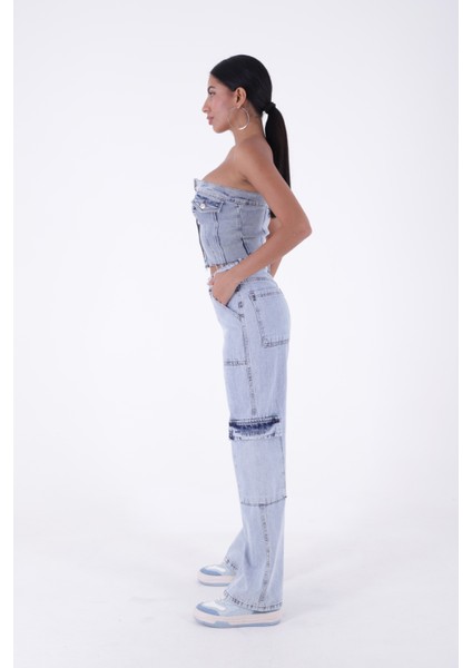 Kargo Cepli Detaylı ve Yüksek Belli Tam Boy Relaxed Kadın Kargo Kot Pantolon Kar Açık Mavi Denim