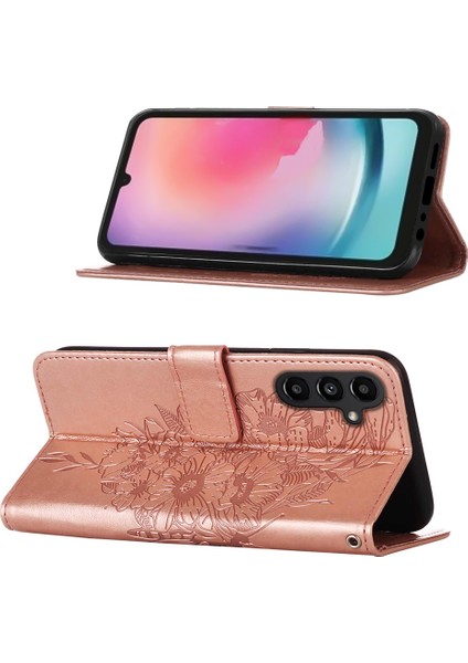 Samsung Galaxy A05S Için Kelebek Pu Deri Çevirmeli Cüzdan Stand Telefon Kılıfı - Rose Gold (Yurt Dışından)