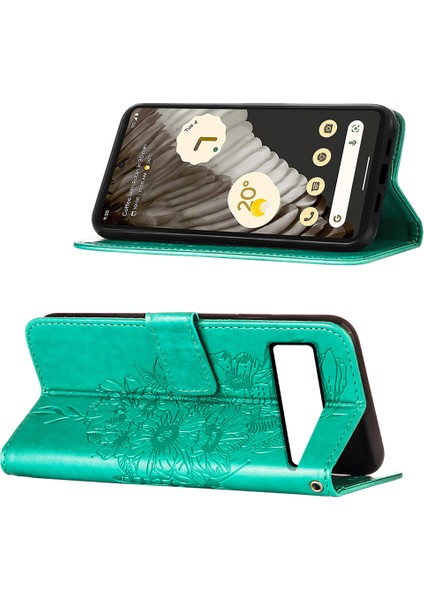 Google Pixel 8 Pro Için Kelebek Pu Deri Çevirmeli Cüzdan Stand Telefon Kılıfı - Yeşil (Yurt Dışından)