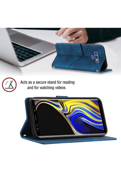 Samsung Galaxy Note 9 Için Kabartmalı Deri Cüzdan Stand Telefon Kılıfı - Mavi (Yurt Dışından)