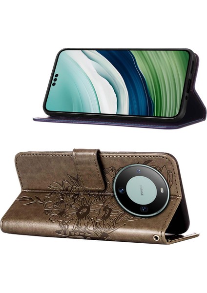 Huawei Mate 60 Pro Için Kelebek Pu Deri Çevirmeli Cüzdan Stand Telefon Kılıfı - Gri (Yurt Dışından)