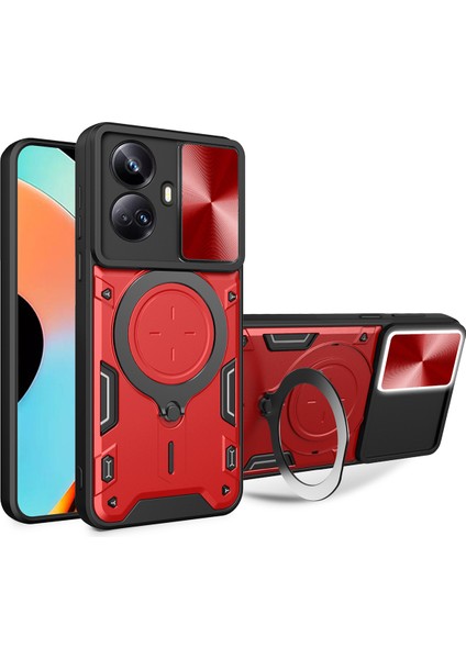 Realme 10 Pro+ Için Çift Katmanlı Telefon Kılıfı, Slayt Kamera Kapağı ve Metal Gizli Braket ile Kırmızı (Yurt Dışından)