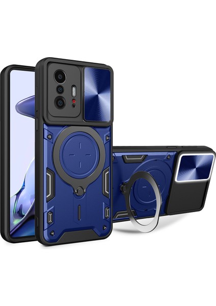 Xiaomi 11T /11T Pro Için Çift Katmanlı Telefon Kılıfı, Slayt Kamera Kapağı ve Metal Gizli Braket ile Mavi (Yurt Dışından)