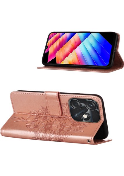 Tecno Spark 10C Için Kelebek Pu Deri Çevirmeli Cüzdan Stand Telefon Kılıfı - Rose Gold (Yurt Dışından)