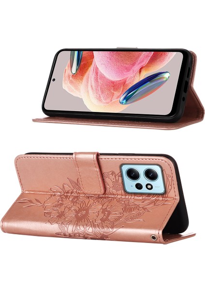 Xiaomi Redmi Note 12 4g Için Kelebek Pu Deri Çevirmeli Cüzdan Stand Telefon Kılıfı - Rose Gold (Yurt Dışından)