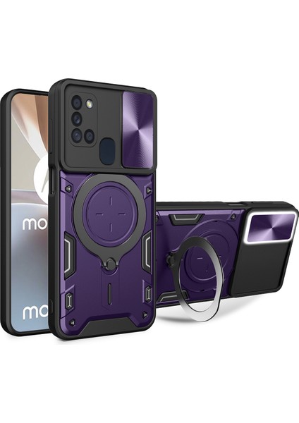 Samsung Galaxy A21S Için Çift Katmanlı Telefon Kılıfı, Slayt Kamera Kapağı ve Metal Gizli Braket ile Mor (Yurt Dışından)