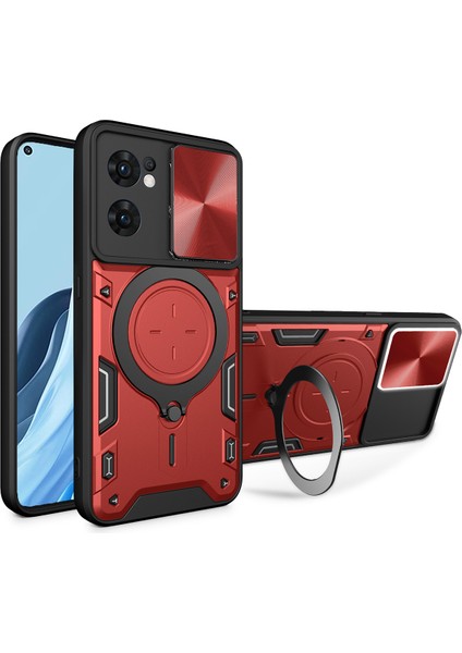 Oppo Reno7 5g Için Çift Katmanlı Telefon Kılıfı, Slayt Kamera Kapağı ve Metal Gizli Braket ile Kırmızı (Yurt Dışından)
