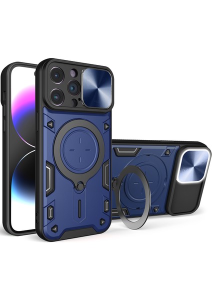 iPhone 15 Pro Için Çift Katmanlı Telefon Kılıfı, Slayt Kamera Kapağı ve Metal Gizli Braket ile Mavi (Yurt Dışından)
