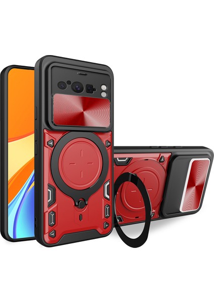 Google Pixel 8 Pro Için Çift Katmanlı Telefon Kılıfı, Slayt Kamera Kapağı ve Metal Gizli Braket ile Kırmızı (Yurt Dışından)