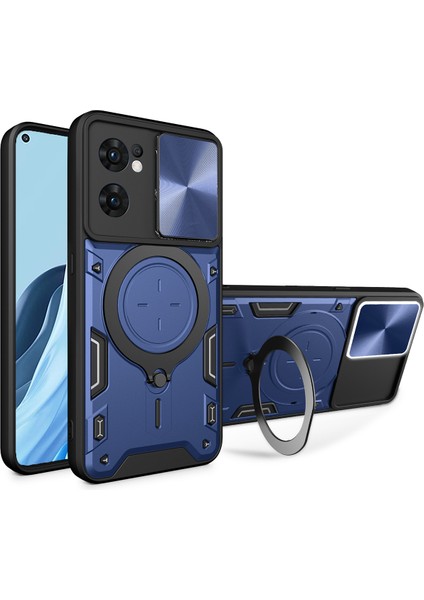 Oppo Reno7 5g Için Çift Katmanlı Telefon Kılıfı, Slayt Kamera Kapağı ve Metal Gizli Braket ile Mavi (Yurt Dışından)