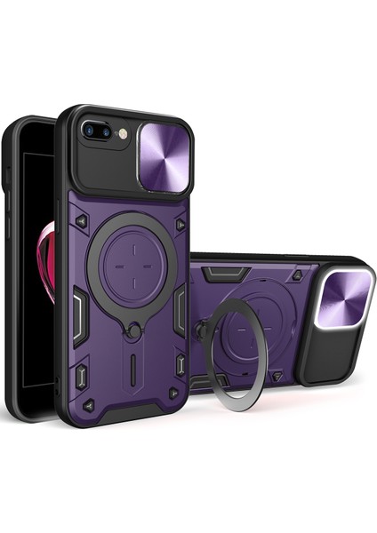 iPhone 8 Plus / 7 Plus Için Çift Katmanlı Telefon Kılıfı, Slayt Kamera Kapağı ve Metal Gizli Braket ile Mor (Yurt Dışından)