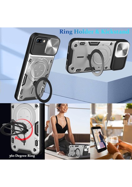 iPhone 8 Plus / 7 Plus Için Çift Katmanlı Telefon Kılıfı, Slayt Kamera Kapağı ve Metal Gizli Braket ile Gümüş (Yurt Dışından) indirimleri