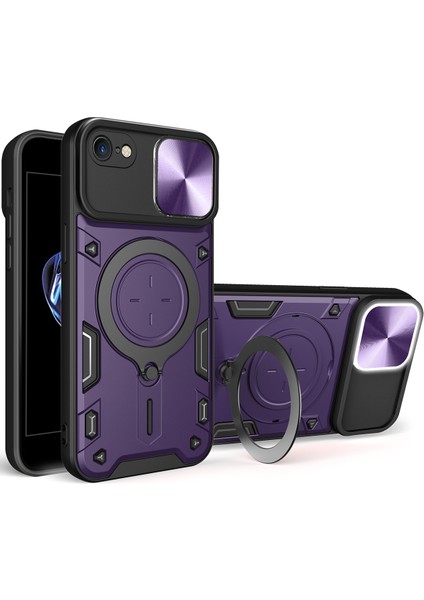 iPhone 8 / 7 /iphone Se 2020/2022 Için Çift Katmanlı Telefon Kılıfı, Slayt Kamera Kapağı ve Metal Gizli Braket ile Mor (Yurt Dışından)