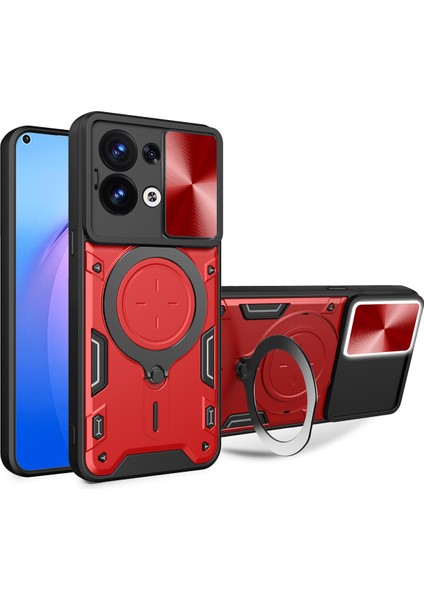 Oppo Reno8 5g Için Çift Katmanlı Telefon Kılıfı, Slayt Kamera Kapağı ve Metal Gizli Braket ile Kırmızı (Yurt Dışından)