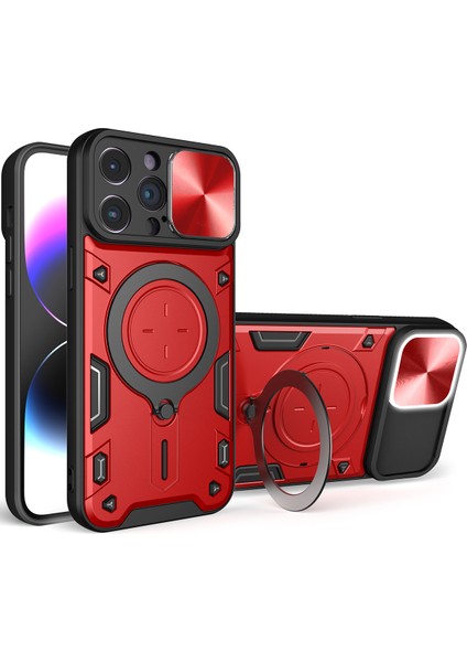 iPhone 15 Pro Için Çift Katmanlı Telefon Kılıfı, Slayt Kamera Kapağı ve Metal Gizli Braket ile Kırmızı (Yurt Dışından)