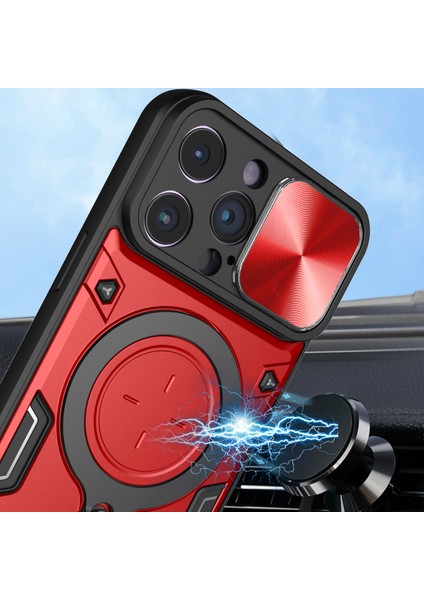 iPhone 15 Pro Için Çift Katmanlı Telefon Kılıfı, Slayt Kamera Kapağı ve Metal Gizli Braket ile Kırmızı (Yurt Dışından) modelleri