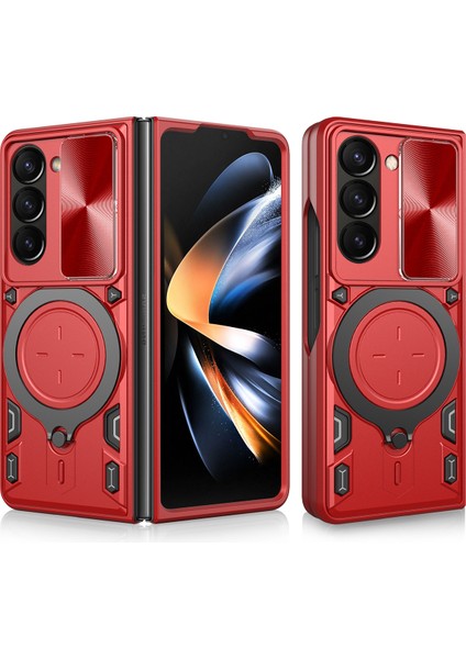 Samsung Galaxy Z Fold 5 Için Çift Katmanlı Telefon Kılıfı, Slayt Kamera Kapağı ve Metal Gizli Braket ile Kırmızı (Yurt Dışından)