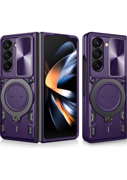 Samsung Galaxy Z Fold 5 Için Çift Katmanlı Telefon Kılıfı, Slayt Kamera Kapağı ve Metal Gizli Braket ile Mor (Yurt Dışından)