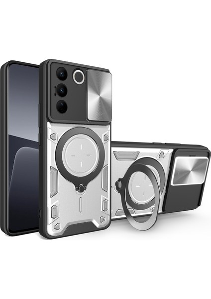 Vivo S16 /S16 Pro Için Çift Katmanlı Telefon Kılıfı, Slayt Kamera Kapağı ve Metal Gizli Braket ile Gümüş (Yurt Dışından)
