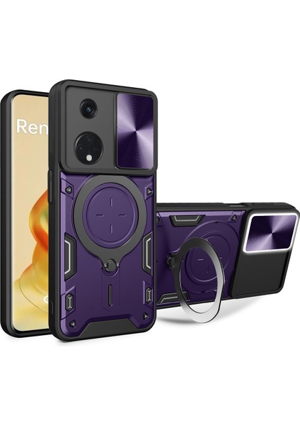 Oppo Reno8 T 5g Için Çift Katmanlı Telefon Kılıfı, Slayt Kamera Kapağı ve Metal Gizli Braket ile Mor (Yurt Dışından)