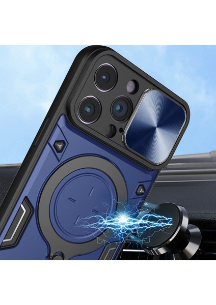 iPhone 15 Pro Max Için Çift Katmanlı Telefon Kılıfı, Slayt Kamera Kapağı ve Metal Gizli Braket ile Mavi (Yurt Dışından) modelleri