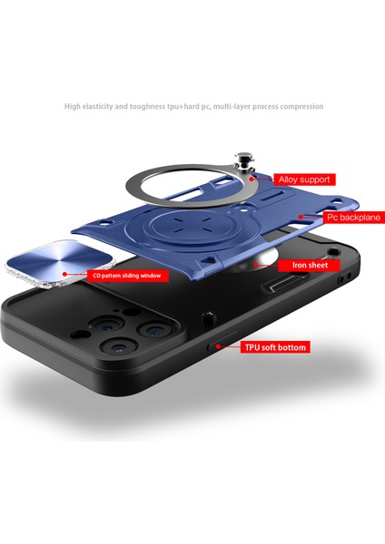 iPhone 15 Pro Max Için Çift Katmanlı Telefon Kılıfı, Slayt Kamera Kapağı ve Metal Gizli Braket ile Mavi (Yurt Dışından) fırsatları