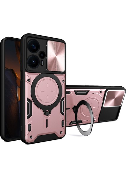 Xiaomi Poco F5 Için Çift Katmanlı Telefon Kılıfı, Slayt Kamera Kapağı ve Metal Gizli Braket ile Rose Gold (Yurt Dışından)
