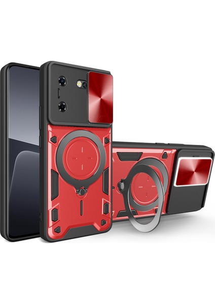 Tecon Pova 5 Için Çift Katmanlı Telefon Kılıfı, Slayt Kamera Kapağı ve Metal Gizli Braket ile Kırmızı (Yurt Dışından)