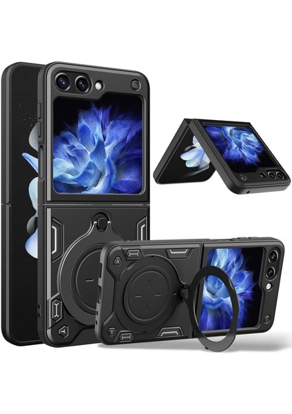 Samsung Galaxy Z Flip 5 Için Çift Katmanlı Telefon Kılıfı, Metal Gizli Braket ile Siyah (Yurt Dışından)