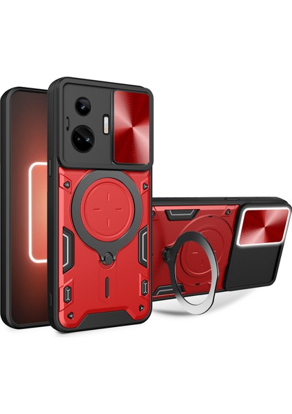 Realme Gt3 / Gt Neo 5 Için Çift Katmanlı Telefon Kılıfı, Slayt Kamera Kapağı ve Metal Gizli Braket ile Kırmızı (Yurt Dışından)