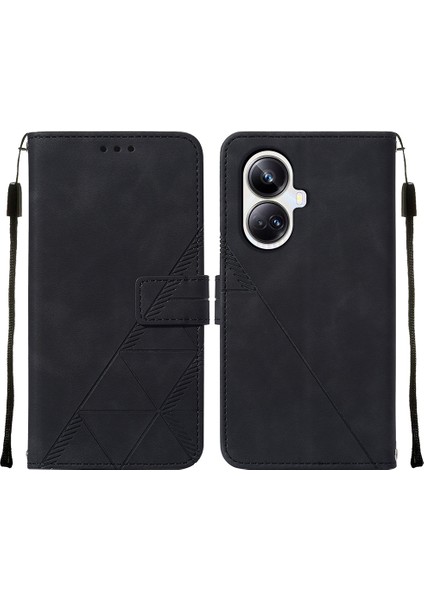 Realme 10 Pro+ 5g Için Kabartmalı Pu Deri Stand Cüzdan Telefon Kılıfı - Siyah (Yurt Dışından)