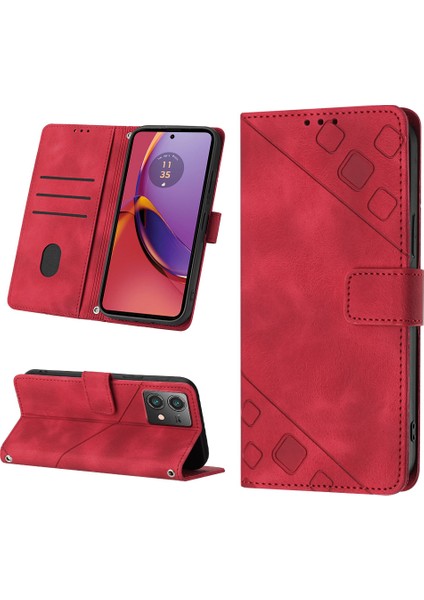 Motorola Moto G84 Için Kabartmalı Deri Cüzdan Stand Telefon Kılıfı - Kırmızı (Yurt Dışından)