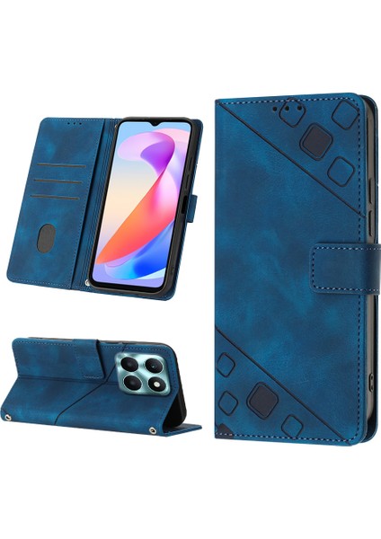 Honor X6A Için Kabartmalı Deri Cüzdan Stand Telefon Kılıfı - Mavi (Yurt Dışından)