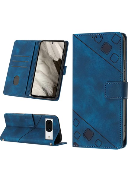 Google Pixel 8 Için Kabartmalı Deri Cüzdan Stand Telefon Kılıfı - Mavi (Yurt Dışından)