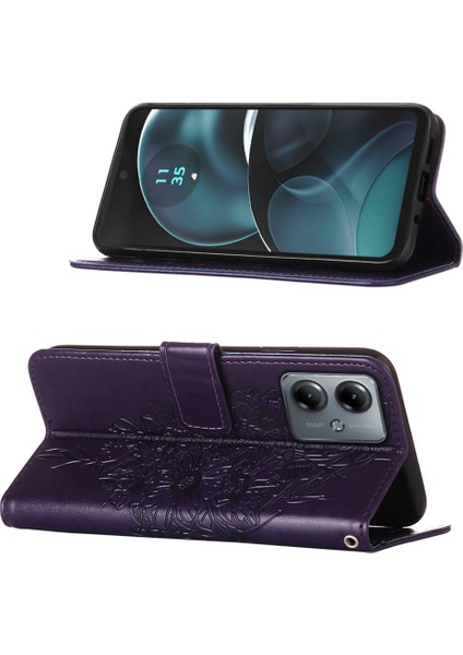 Motorola Moto G14 Için Kelebek Pu Deri Çevirmeli Cüzdan Stand Telefon Kılıfı - Koyu Mor (Yurt Dışından) indirimleri