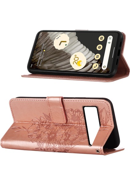 Google Pixel 8 Pro Için Kelebek Pu Deri Çevirmeli Cüzdan Stand Telefon Kılıfı - Rose Gold (Yurt Dışından)