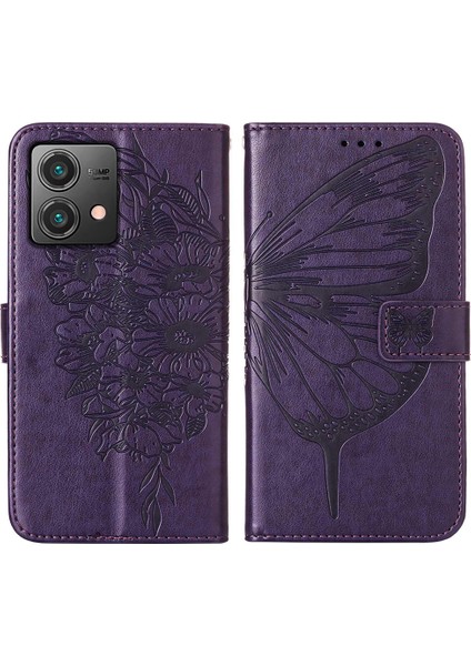 Motorola Moto G84 Için Kelebek Pu Deri Çevirmeli Cüzdan Stand Telefon Kılıfı - Koyu Mor (Yurt Dışından)