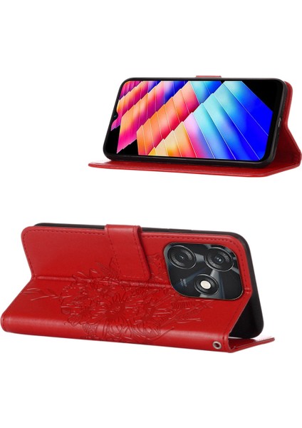 Tecno Spark 10C Için Kelebek Pu Deri Çevirmeli Cüzdan Stand Telefon Kılıfı - Kırmızı (Yurt Dışından)