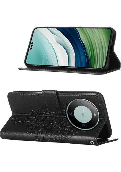 Huawei Mate 60 Pro Için Kelebek Pu Deri Çevirmeli Cüzdan Stand Telefon Kılıfı - Siyah (Yurt Dışından)