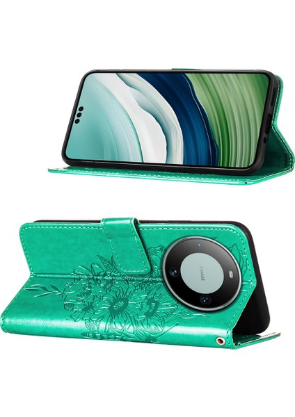 Huawei Mate 60 Pro Için Kelebek Pu Deri Çevirmeli Cüzdan Stand Telefon Kılıfı - Yeşil (Yurt Dışından)