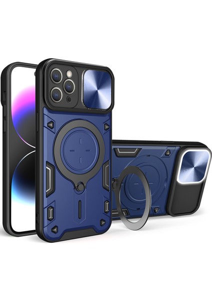 iPhone 11 Pro Max Için Çift Katmanlı Telefon Kılıfı, Slayt Kamera Kapağı ve Metal Gizli Braket ile Mavi (Yurt Dışından)