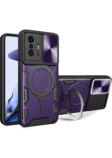 Xiaomi 11T /11T Pro Için Çift Katmanlı Telefon Kılıfı, Slayt Kamera Kapağı ve Metal Gizli Braket ile Mor (Yurt Dışından)