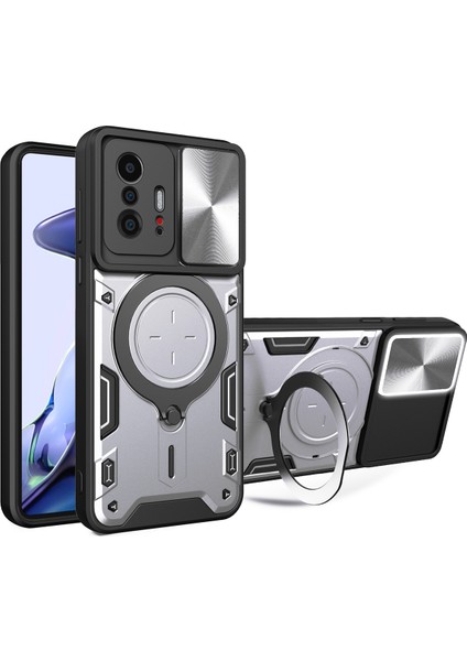Xiaomi 11T /11T Pro Için Çift Katmanlı Telefon Kılıfı, Slayt Kamera Kapağı ve Metal Gizli Braket ile Gümüş (Yurt Dışından)