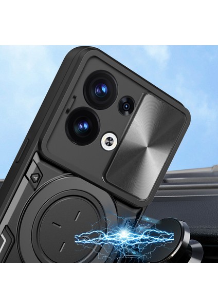 Oppo Reno8 5g Için Çift Katmanlı Telefon Kılıfı, Slayt Kamera Kapağı ve Metal Gizli Braket ile Siyah (Yurt Dışından) modelleri
